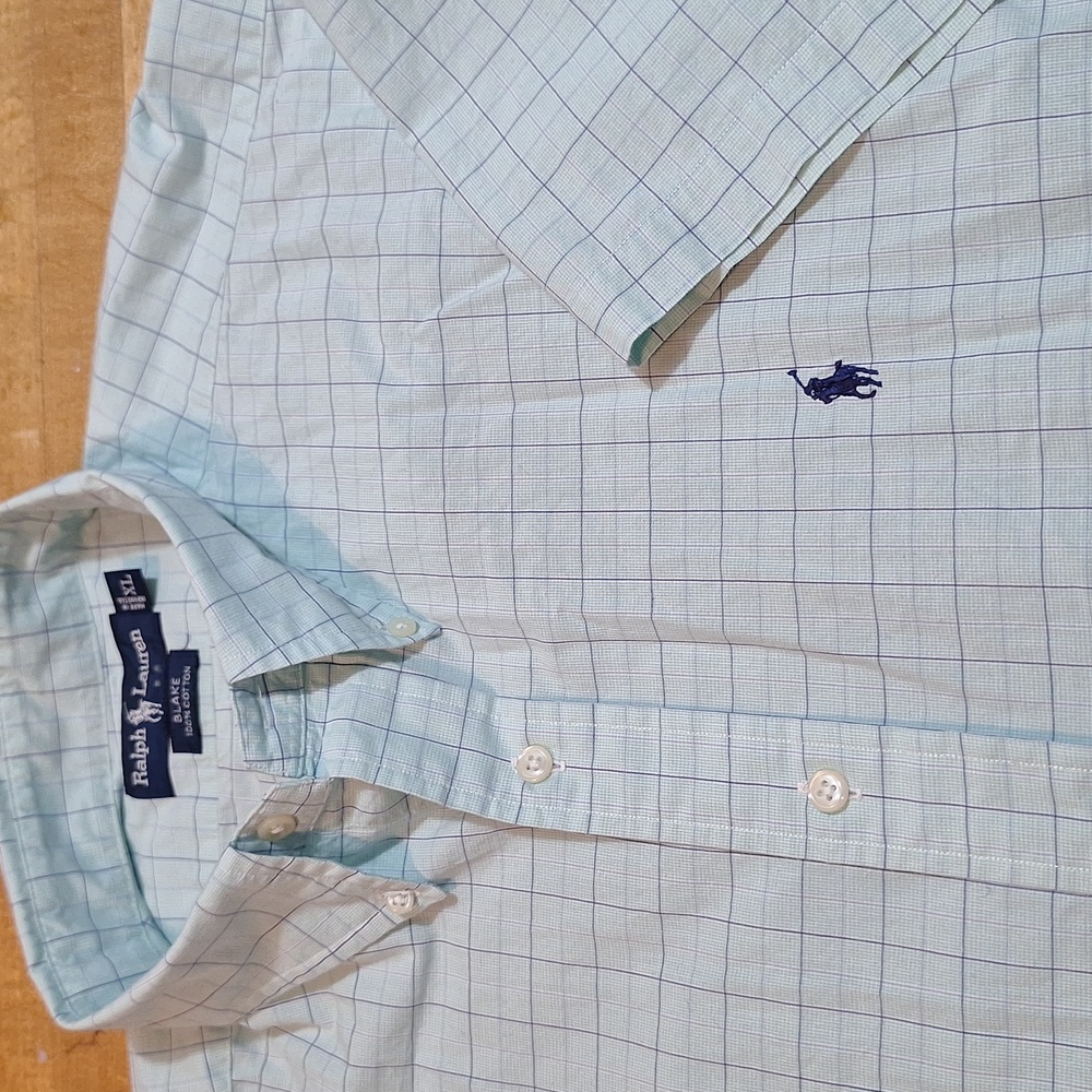 Ralph Lauren Light‎ Green Blue Plaid Blake Shortsleeve Shirt XL 100% Cotton